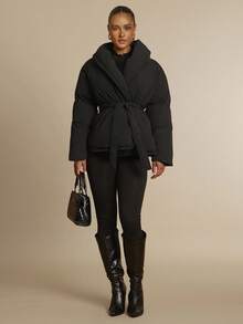 Silquee 女士纯色交叉裹身保暖棉服，冬季时尚女士冬季外套 - 黑色 - 查看 7