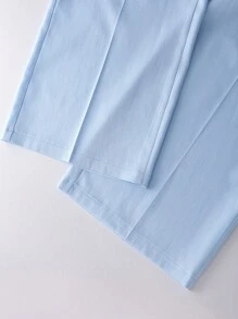 Qadelle Bộ đồ 2 món thường ngày cho nữ, áo thun cổ tròn tay dài cài nút đơn màu trơn và quần dài - Màu xanh lam - Xem 6