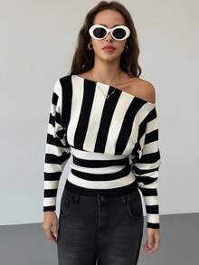 Aloruh 不对称肩黑白条纹蝙蝠袖收腰紧身年轻女士毛衣 - 黑與白 - 查看 7
