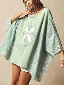 Bohemela Women's Knit Patchwork Round Neck Flare Sleeve Loose T-Shirt - Multicolor - View 2