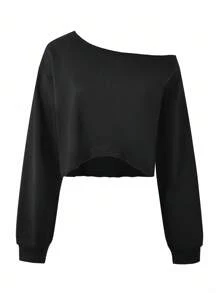 SHEIN ChillGRL 青少年女孩休闲宽松落肩长袖运动衫，设计潮流日常通勤和度假装，春秋季 - 黑色 - 查看 7