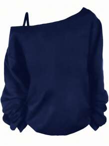 EMERY ROSE Plus Size Casual Solid Color Off-Shoulder Long Sleeve T-Shirt, Suitable For Autumn/Winter,Fall Clothes For Women