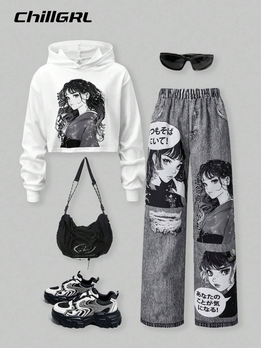 SHEIN Explorewe Tween Girls Casual Graphic Sweatshirt With Matching Graphic Pants - White - View 1