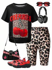 2pcs/Set Tween GirlsCasual Outfit, Round Neck T-Shirt & Comfortable Shorts, Cute Cherry & Leopard Print Pattern