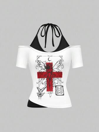 Fairycore Damen Engsitzende Kurzarm T-Shirt mit Grafik-Muster von Fee, Schmetterling und Kreuz