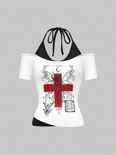 Fairycore Damen Engsitzende Kurzarm T-Shirt mit Grafik-Muster von Fee, Schmetterling und Kreuz