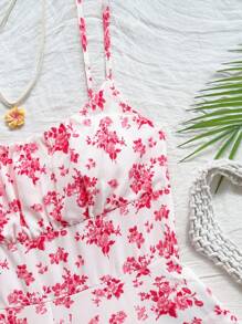 Soleia Ditsy Floral Print Ruched Bust Cami Romper - Red - View 4