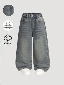 Young Boy Retro Washed Loose Straight Leg Jeans, Fashionable Streetwear, Versatile For Outdoor, Indoor Casual Wear Chic Outfits For Autumn/Winter