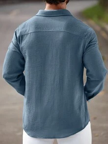 Manfinity CasualCool 男士纯色前扣休闲亚麻长袖衬衫 男士亚麻衬衫 灰蓝色衬衫 男士纹理衬衫 亚麻沙滩衬衫 男士休闲亚麻衬衫，适合秋季 - 藍色 - 查看 2