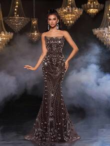 Glamrae 奢华优雅的巧克力棕色串珠刺绣几何领口链条装饰美人鱼下摆紧身连衣裙，配有可调节后系带，适合各种场合，女士秋季晚礼服 - 咖啡棕 - 查看 2