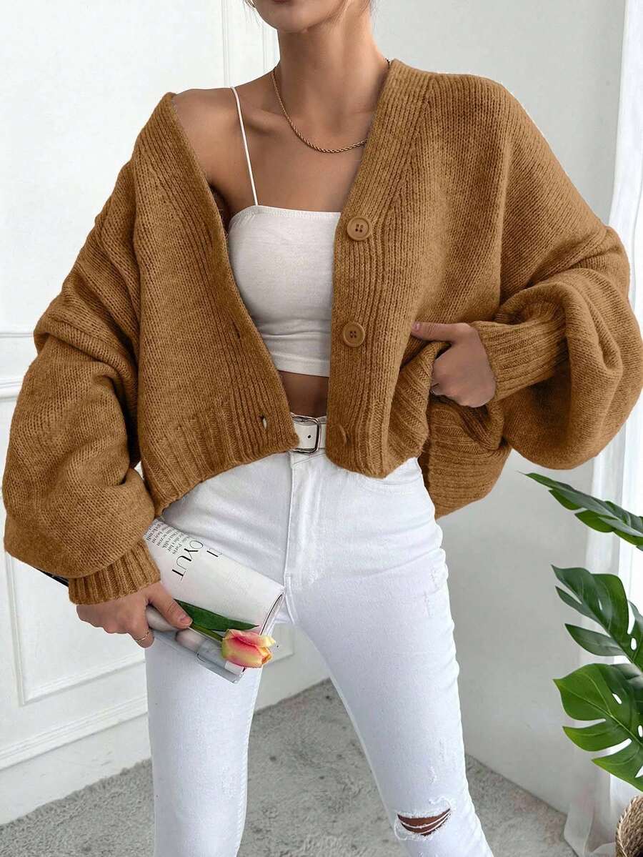EURMUSE Women's Solid Color Front Button V-Neck Elegant Long Sleeve Cardigan - Unta - View 1