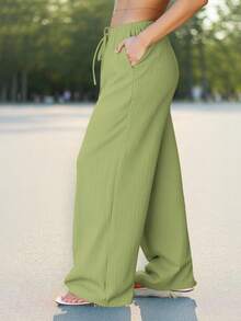 ReShift Plus Size Women Elastic Waist Casual Functional Textured Solid Wide Leg Pants - Green - View 4