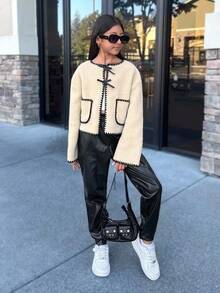 Firerie Kids Firerie Kids Tween Girl Colorblock Round Neck Decorative Pocket Jacket, Long Sleeve Fuzzy Collar Jacket, Fuzzy Coat, Soft Fabric, Comfortable Fit, Girl Fall Clothes, Autumn/Winter Outerwear - Multicolor - View 5