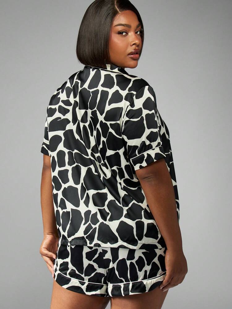 MISSGUIDED Plus Size Cow Print Button Up Short Sleeve Pajama Set Lounge Wear Sleepwear Night Wear Summer Spring Comfortable Relaxed Leisure Home Bedtime Set