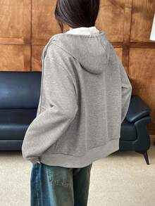 SHEIN EZwear Women's Light Gray Knitted Hooded Zip-Up Casual Long Sleeve Fuzzy Sweatshirt,Zip Up Hoodie Women In Fall/Winter Grey Zip Up Hoodie,Zip Up Hoodie For Women