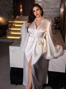 SHEIN 大码女士奢华花卉蕾丝边及地长袍，仿丝绸长款睡袍浴袍，白色缎面长袍，适合秋冬季穿着