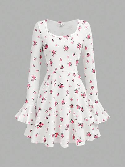 SHEIN Teen Girl Casual Ditsy Floral Flare Sleeve Dress, Comfortable & Minimalist Fall Winter