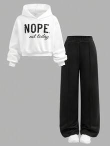 SHEIN Tween Girls Casual Fashion Versatile Letter Print Cropped Hem Fleece Hoodie And Relaxed Straight Leg Knit Pants Set, Suitable For Weekend, Casual Outing, Back To School, Outfit Girl, Fall Winter - Black and White - View 12