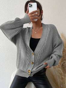 EURMUSE 女士休闲纯色落肩宽松开衫，秋冬 - 灰色 - 查看 4