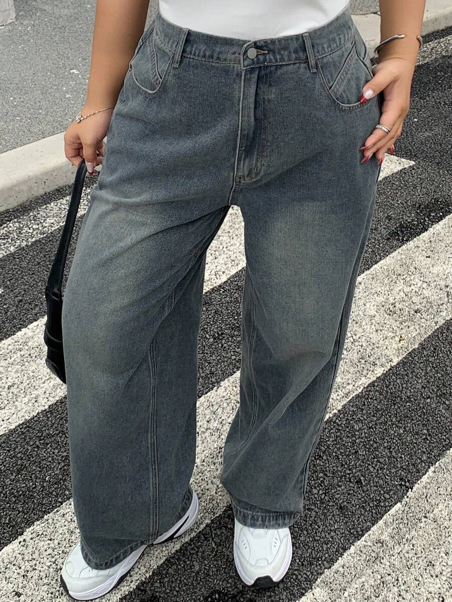 Dazy Plus 水洗褪色渐变宽松直筒牛仔裤，四季皆宜 - 中等水洗藍 - 查看 1