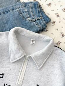 SHEIN Áo nỉ nữ tuổi teen kiểu dáng học đường, in nơ, dáng rộng, thoải mái, áo nỉ nữ, quần áo nữ, áo nỉ dễ thương, áo nỉ mùa thu/đông. - Màu Xám nhạt - Xem 4