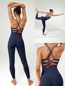 GLOWMODE 26" FeatherFit™ V-Neck Strappy Back Powerhold Back Bodysuit Jumpsuit Low Impact Yoga Daily - Dark Blue - View 8