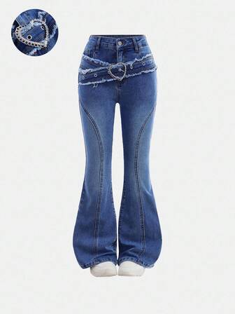 SHEIN Girlism Tween Girls Y2K Retro Washed High Waist Washed Heart Buckle Belt Flare Leg Jeans,For Girls Streetwear And Valentine Day Outfits, Flare Jeans, Bell Bottom Jeans, Flare Jeans With Rhinestone Belt, Rhinestone Jeans, Jeans With Heart Buckle Fall Winter