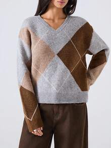 LYSMO 2025新款女式冬季毛衣，简约菱形图案撞色休闲长袖套头毛衣/学院风/女式冬季/秋季/万圣节服装/圣诞节/圣诞夜惊魂/圣诞毛衣，秋季 - 灰色 - 查看 4