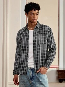 Manfinity VCAY Áo sơ mi nam tay dài kẻ caro, túi đơn hàng ngày, thời trang cho mùa thu, cho mùa thu - màu đen - Xem 5