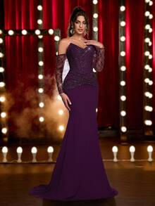 Glamrae Elegante, lujoso, de moda, morado oscuro, vestido de tela de punto elástica con costuras de encaje con lentejuelas, cintura ceñida, con ballenas, busto acolchado, con cola, adecuado para vacaciones, boda, despedida de soltera, baile formal, evento de celebración, cena formal, Día de San Valentín - Morado - Ver 8