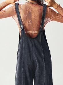 Bohemela 女式休闲纯色水洗针织连体裤 - 黑色 - 查看 6