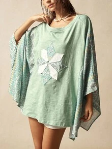 Bohemela Women's Knit Patchwork Round Neck Flare Sleeve Loose T-Shirt - Multicolor - View 5