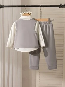 SHEIN 两件套，浅灰色无袖背心搭配长裤，金属双排扣设计，基础款时尚套装，适合夏季穿着，柔软舒适，适合生日派对、晚宴、婚礼、洗礼和周年纪念等正式场合。适合男童夏季穿着、婴儿男童服装、儿童男童服装。开学季必备 - 灰色 - 查看 2