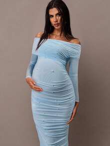 MaterniChic Women's Elegant Light Blue Open Shoulder Pearl Ruched Slim Fit Maternity Maxi Dress,Summer Pregnant Photoshoot Dress,Bump Friendly Bodycon,Maternity - Blue - View 5