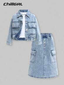 SHEIN Explorewe Girls' Fashion Casual Comfortable Street Multi Pocket Denim Jumpsuit, Music Festival Outfit - Medium Wash - View 1