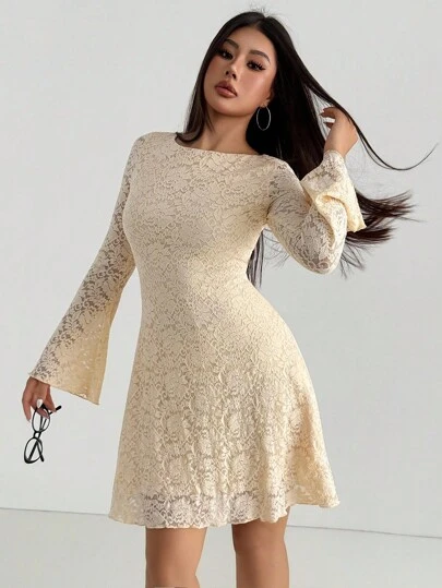 Aidyla Vestido de punto con encaje de otoño para mujer, mangas acampanadas, bajo en línea A, estilo envolvente, longitud corta, color albaricoque, elegante atuendo de moda coreana