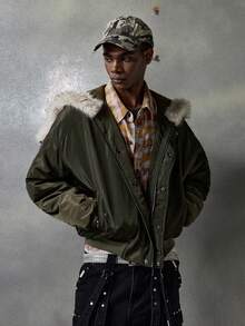 NEON BLANC Men's Winter Fluffy Jacket With Faux Fur Collar And Front Zipper - Army Green - View 2