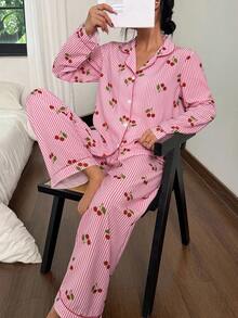 SHEIN Dream Adore 粉色条纹樱桃印花翻领长袖睡衣套装，女士秋冬服装 - 粉色 - 查看 5