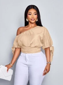 SOLERSUN Plus Size Spring And Summer New Asymmetrical Sleeve Bubble Sleeve Bow Tie Shoulder Pleat Elastic Waist Imitation Denim Fabric Top Elegant Business Casual Sexy Casual Everyday Fashion Women's Clothing Beige - Khaki - View 4
