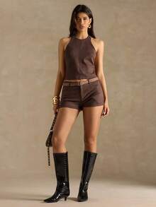 SHEIN BAE Quần short bó cạp thấp màu trơn dành cho nữ - Cà phê nâu - Xem 6
