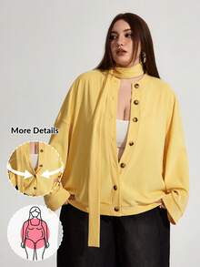 Enliva Karlangas.Toledo Plus Size Egg Yellow Cardigan Jacket, Matching Scarf Long Sleeve Jacket, Back To School, Button Up, Varsity Fall Coat For Women, Winter, CURVE PLUS, For Apple Rounded Body Shape