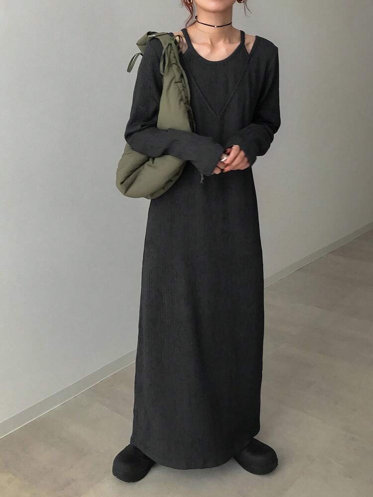 FRIFUL 女式纹理面料直筒长袖连衣裙，秋季 - 灰色 - 查看 4