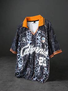 ROMWE MEN Prep 男士动物印花豹纹运动元素短款 Polo 衫，适合春夏季日常穿着 - 黑色 - 查看 1