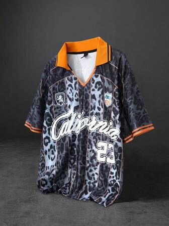 Prep Polo de manga corta con estampado de leopardo y elementos deportivos para hombre, adecuado para uso diario en primavera/verano