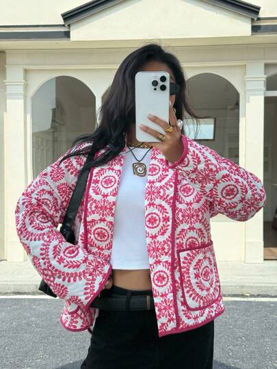 Siren Gaze Fall Women Clothes Winter Quilted Jacket, 2025 New Women's Elegant Casual Printed Pocket Padded Coat, Autumn/Winter Pink & White Chic Blazer, Formal Warm Outwear For Work Party Everyday, Teacher Commute Essential, Fall Outfits For Women, High - End Old Money Style Jacket, Suitable For Christmas Halloween Occasions, Women's Winter Clothes Must - Have,