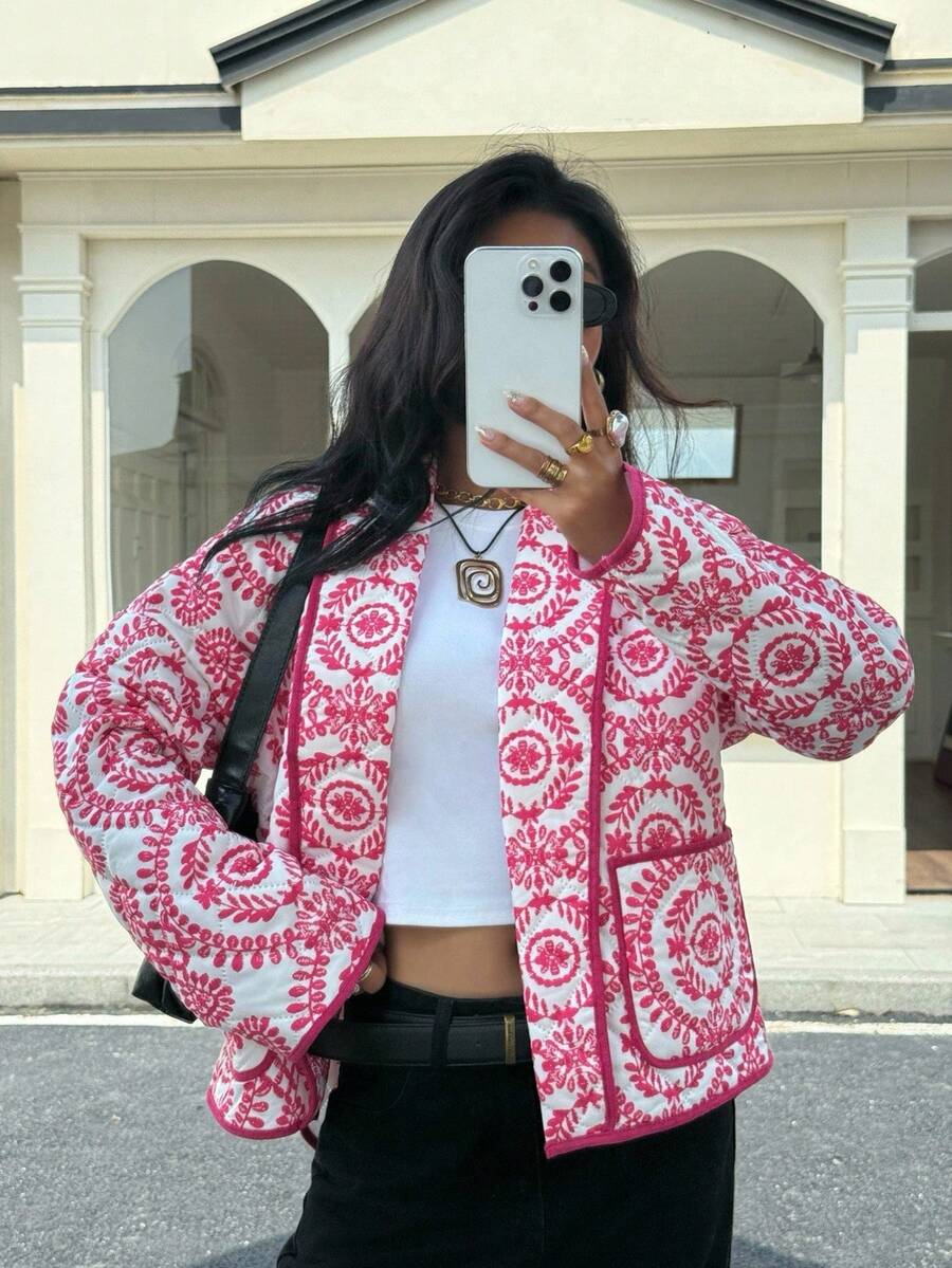 Siren Gaze Veste matelassée pour l'automne et l'hiver, nouveau manteau décontracté élégant pour femmes en 2025 avec imprimé et poches, manteau rose et blanc chic pour l'automne/l'hiver, vêtement d'extérieur formel et chaud pour le travail, les fêtes et le quotidien, indispensable pour les trajets des enseignants, style Top de gamme "Old Money", convient pour Noël, Halloween et l'hiver. - Multicolore - Voir 1