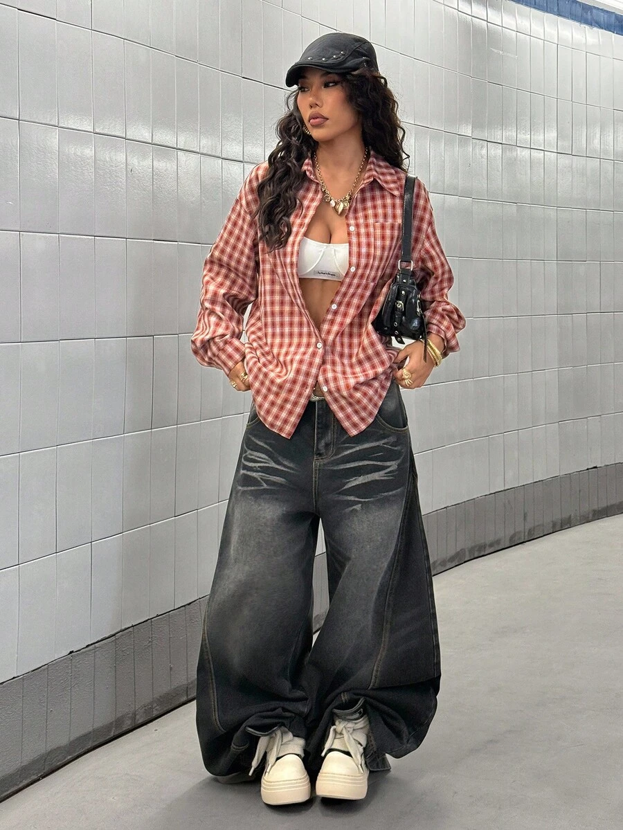 StreetHx 女式前扣落肩长袖格子休闲衬衫，百搭街头服饰 - 紅色 - 查看 1