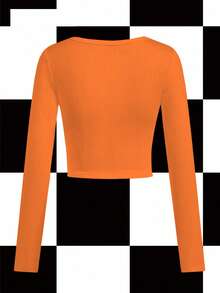 Pretty Bratty Women's Blurry Letter Halloween Round Neck Long Sleeve T-Shirt, Suitable For Autumn/Winter Party, Y2K Streetwear - Orange - View 2