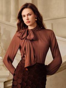 Savoree Women High Collar Long Sleeve Tie Neck Elegant Chic Office Top, Butterfly Decor Blouse