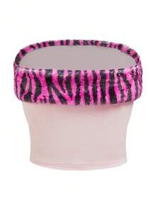 Y2Kool BiGraphic 毛绒斑马纹、动物纹、箔面、性感、酷炫、Y2K风休闲女式短款毛绒上衣，适合秋冬季、度假、夜店、聚会、派对、日常穿着。粉色猎豹纹、粉色针织衫、粉色抹胸、粉色豹纹、粉色Y2K风上衣、印花上衣，时尚服装系列，新年穿搭。 - 粉色 - 查看 2